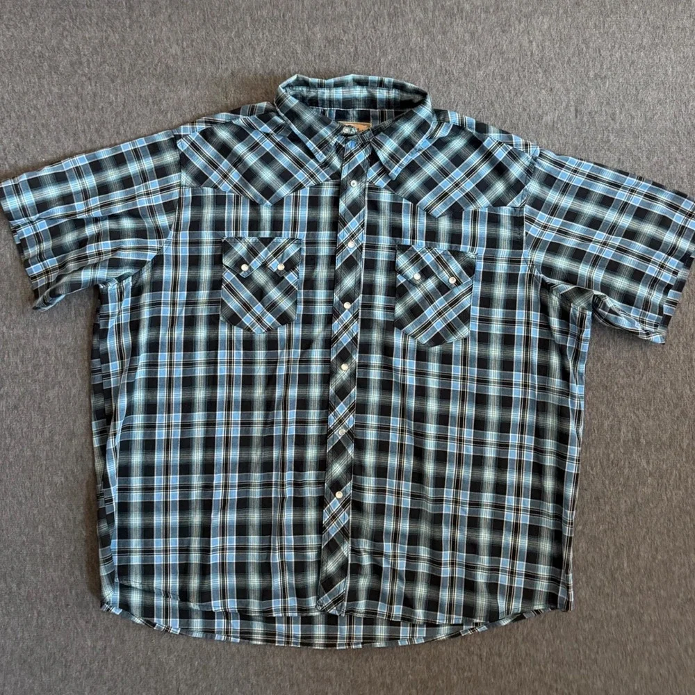 Wrangler Mens Western Snap Shirt 2XL Blue Black Plaid Short Sleeve Pearl Snap